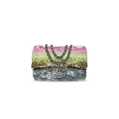 CHANEL PINK GREEN SILVER SEQUINS MINI FLAP BAG (20*14*5cm) 